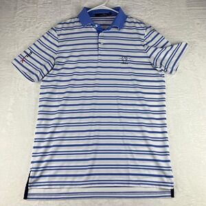 RLX Ralph Lauren Golf Polo Shirt Mens M Blue White Striped "Adios" Logo